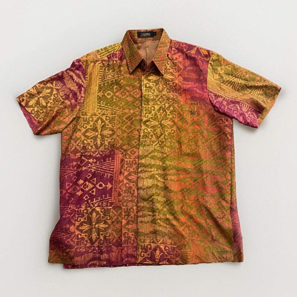 Allegra Batiki Silk Shirt Men L Red Button Up Short Indo Africa Tribal 80s Prep